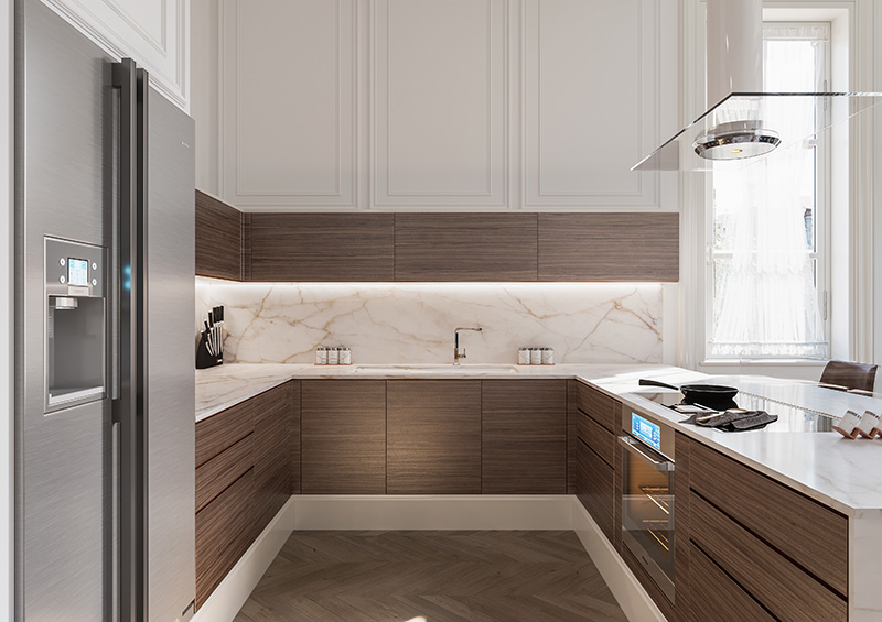 Kitchen countertop remodel with marble backsplash Houston
